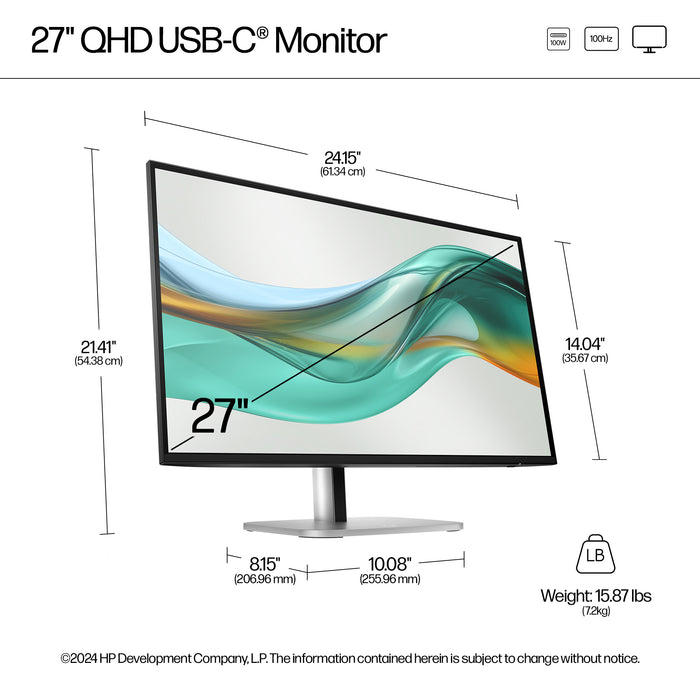 HP Series 5 Pro 27 inch QHD USB-C Monitor - 527pu, 68.6 cm (27"), 2560 x 1440 pixels, Quad HD, LCD, 5 ms, Black