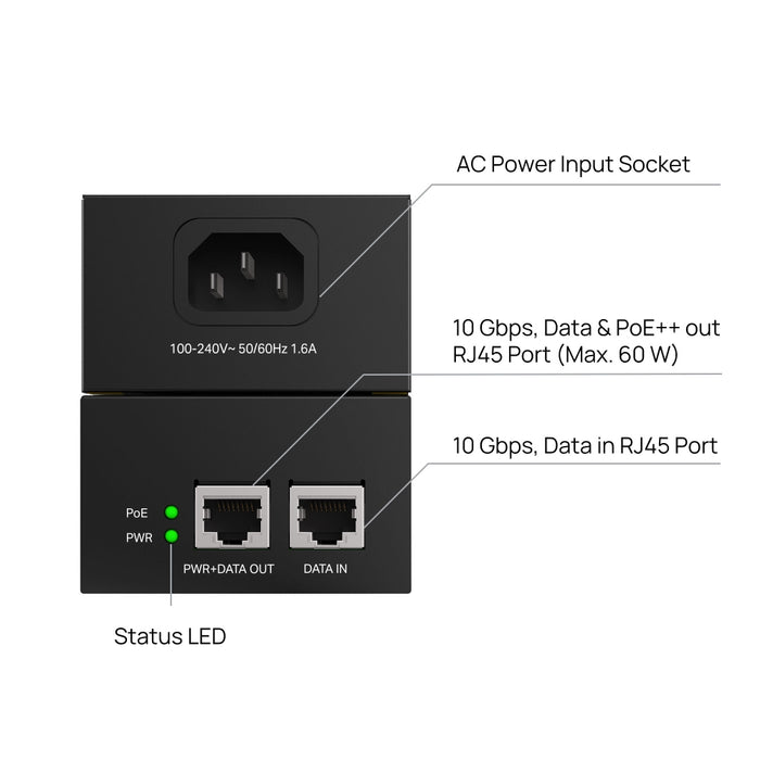 TP-Link POE370S, 10 Gigabit Ethernet, PoE++ (4PPoE), IEEE 802.3ab, IEEE 802.3af, IEEE 802.3an, IEEE 802.3at, IEEE 802.3bt, IEEE 802.3bz, IEEE 802.3i,..., Black, 60 W, -5 - 45 °C
