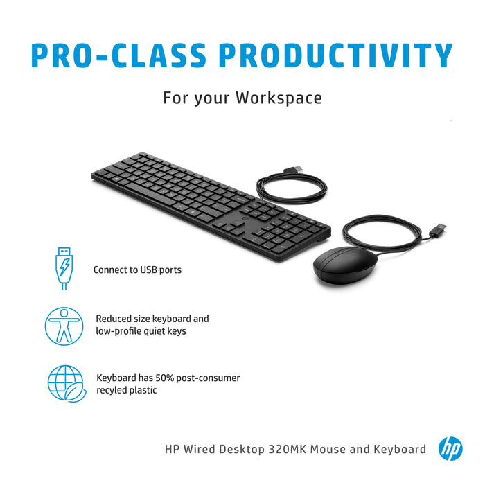 HP Wired Desktop 320MK Mouse and Keyboard, Full-size (100%), Wired, USB, Black, Mouse included