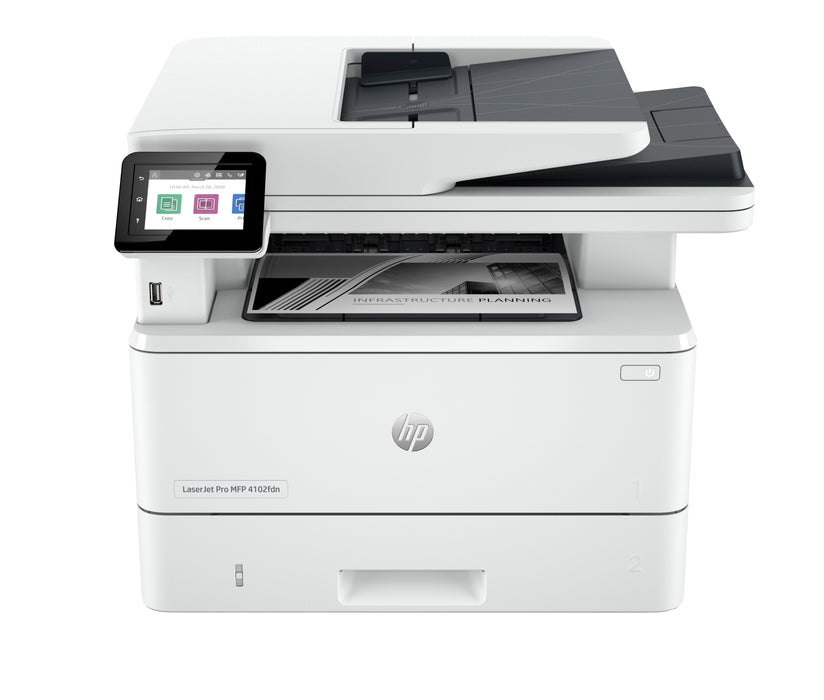 HP LaserJet Pro 4102fdn Multifunction Black and white Printer, Ethernet Only; Copier, Scanner, Laser, Mono printing, 1200 x 1200 DPI, Mono copying, A4, White