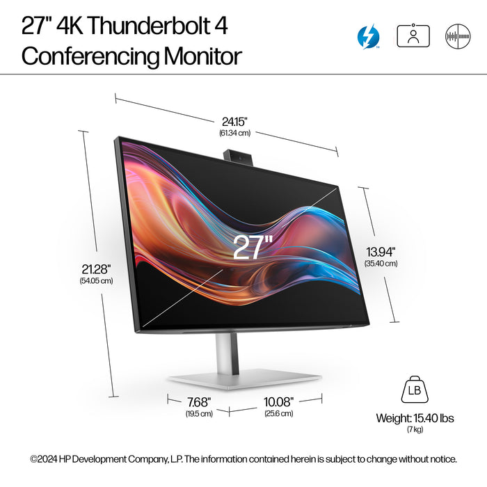 HP Series 7 Pro 27 inch 4K Conferencing Monitor - 727pm, 68.6 cm (27"), 4K Ultra HD, LCD, 5 ms