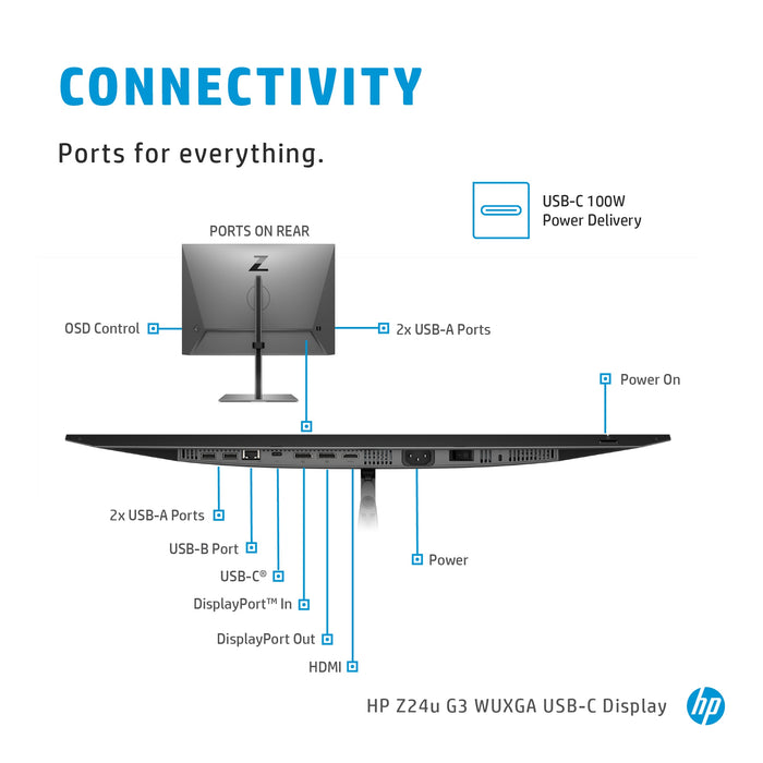 HP Z24u G3 WUXGA USB-C Display, 61 cm (24"), 1920 x 1200 pixels, WUXGA, LED, 5 ms, Silver