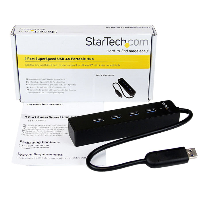 StarTech.com 4 Port Portable SuperSpeed USB 3.0 Hub with Built-in Cable - 5Gbps, USB 3.2 Gen 1 (3.1 Gen 1) Type-A, USB 3.2 Gen 1 (3.1 Gen 1) Type-A, 5000 Mbit/s, Black, Plastic, Power