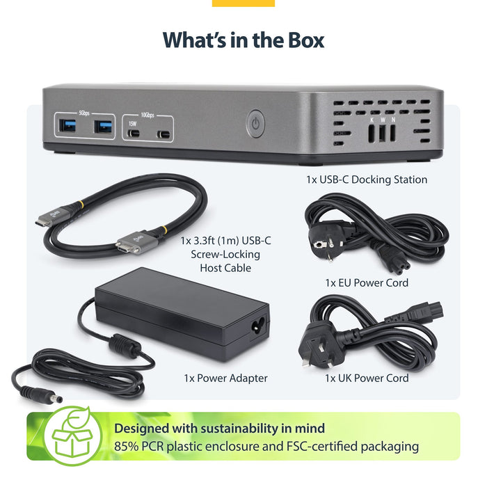 StarTech USB-C Docking Station Triple 4K Displays (2x 4K 60Hz, 1x 4K 30Hz), 100W Power Delivery, 6 USB Ports (10Gbps), Gigabit Ethernet, DisplayPort + HDMI, Driverless Windows Laptop Dock