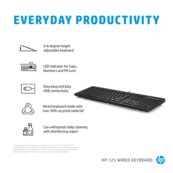 HP 125 Wired Keyboard, Full-size (100%), Wired, USB, Membrane, Black