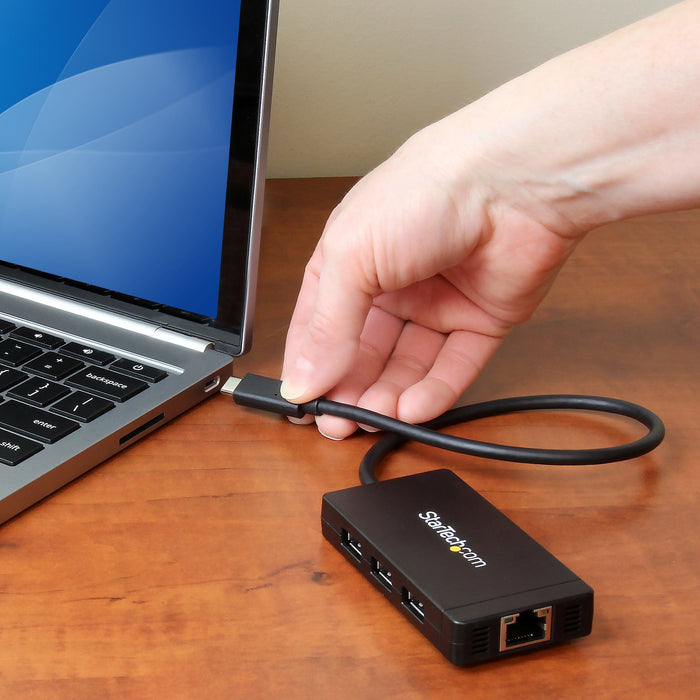 StarTech.com 3-Port USB-C Hub with Gigabit Ethernet - USB-C to 3x USB-A - USB 3.0 (5Gbps) - Includes Power Adapter - TAA, Wired, USB, Ethernet, 1000 Mbit/s, Black