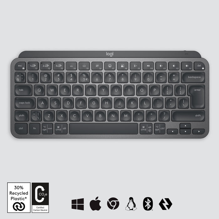 Logitech MX Keys Mini Minimalist Wireless Illuminated Keyboard, Mini, Wireless, RF Wireless + Bluetooth, Scissor key switch, QWERTY, Graphite