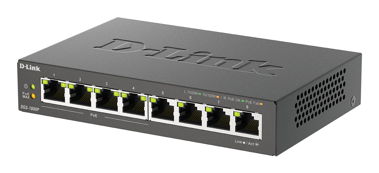 D-Link 8-Port Gigabit PoE Unmanaged Desktop Switch, Unmanaged, L2, Gigabit Ethernet (10/100/1000), Full duplex, Power over Ethernet (PoE), Rack mounting