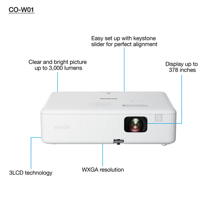 Epson CO-W01, 3000 ANSI lumens, 3LCD, WXGA (1200x800), 16:10, 838.2 - 9601.2 mm (33 - 378"), 0.9 - 10.4 m