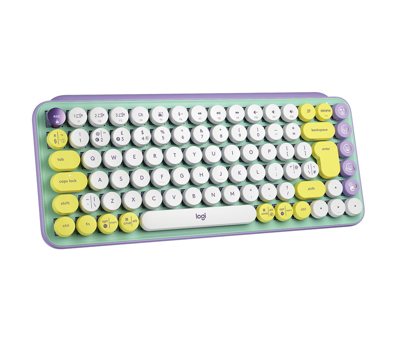 Logitech POP Keys Wireless Mechanical Keyboard With Emoji Keys, Mini, Wireless, RF Wireless + Bluetooth, Mechanical, QWERTY, Mint colour, Violet, White, Yellow