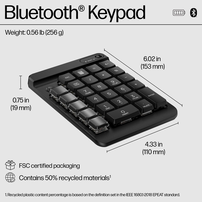 HP 430 Programmable Wireless Keypad, Wireless, Bluetooth, Black