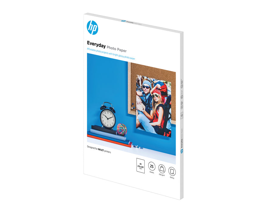 HP Everyday Photo Paper, Glossy, 200 g/m2, A4 (210 x 297 mm), 25 sheets, Gloss, Inkjet, 21x29.7 cm, Works with inkjet printers, optimized for Original HP Ink, Business, Enterprise, 15 - 30 °C