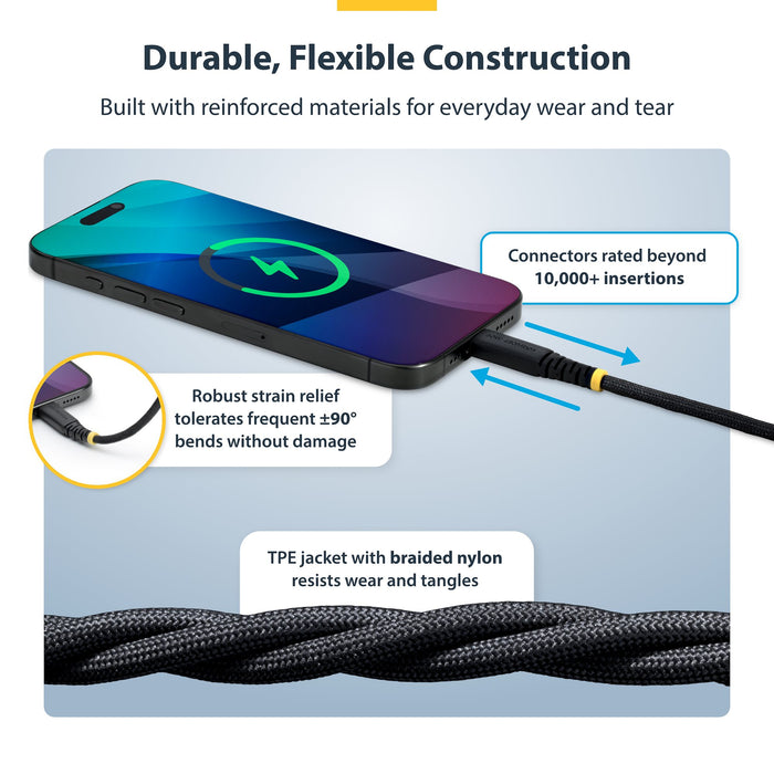 StarTech.com 3m (10ft) USB-C Charging Cable, 60W (3A) PD, Dual-Layer Braided Nylon/TPE Jacket, Rugged USB C Charging Cord, USB 2.0 Laptop Charger Cable, 3 m, USB C, USB C, USB 2.0, 0.48 Gbit/s, Black