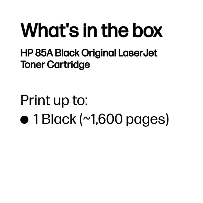 HP 85A Black Original LaserJet Toner Cartridge, 1600 pages, Black, 1 pc(s)