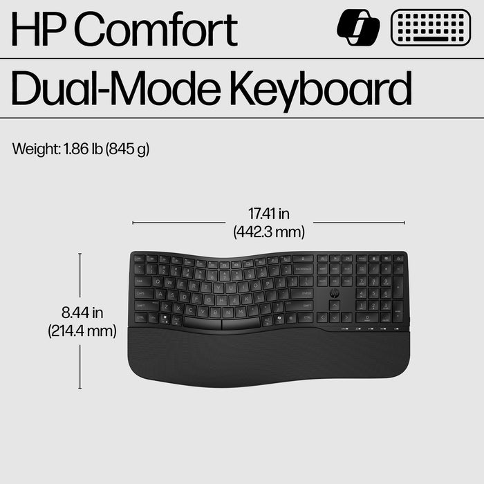 HP 680 Comfort Dual-Mode Keyboard, Full-size (100%), Wireless, RF Wireless + Bluetooth, Plunger key switch, Black