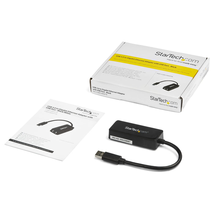StarTech.com USB 3.0 Ethernet Adapter, USB 3.0 Network Adapter NIC with USB Port, USB to RJ45, USB Passthrough, Wired, USB, Ethernet, 5000 Mbit/s, Black