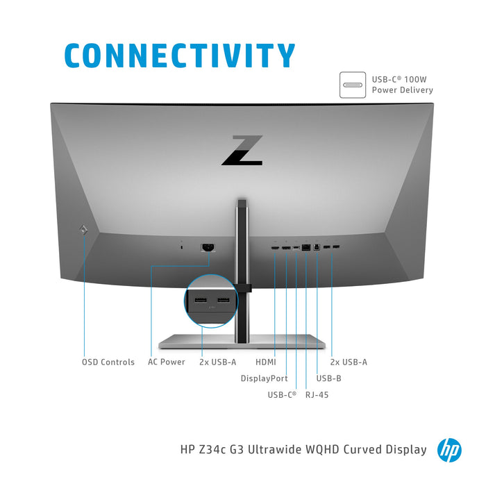 HP Z34c G3 WQHD Curved Display, 86.4 cm (34"), 3440 x 1440 pixels, Wide Quad HD, LED, 6 ms, Grey