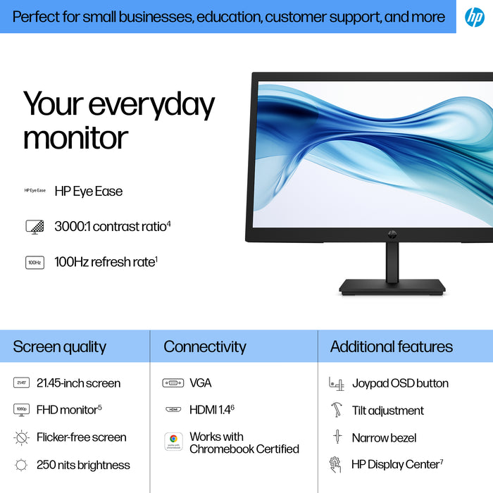 HP Series 3 Pro 21.45 inch FHD Monitor - 322pv, 54.5 cm (21.4"), 1920 x 1080 pixels, Full HD, LCD, 5 ms, Black