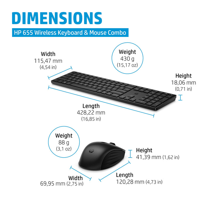 HP 655 Wireless Keyboard and Mouse Combo, Full-size (100%), Wireless, RF Wireless, Membrane, Black, Mouse included