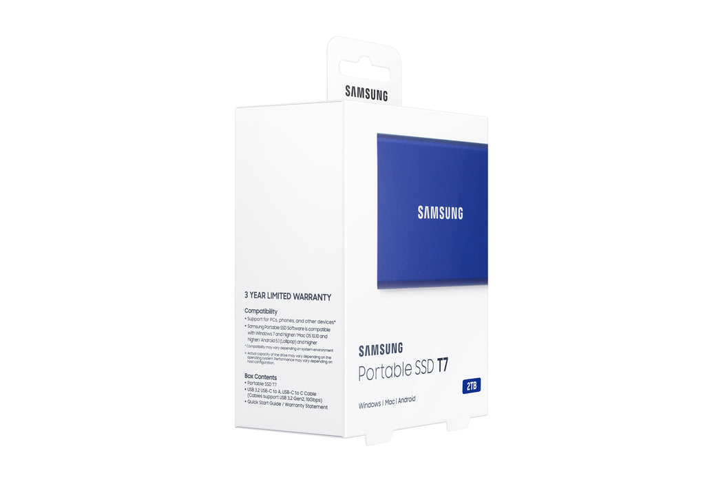 Samsung Portable SSD T7, 2 TB, USB Type-C, 3.2 Gen 2 (3.1 Gen 2), 1050 MB/s, Password protection, Blue