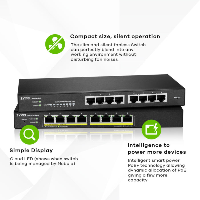 Zyxel GS1915-8EP, Managed, L2, Gigabit Ethernet (10/100/1000), Full duplex, Power over Ethernet (PoE)