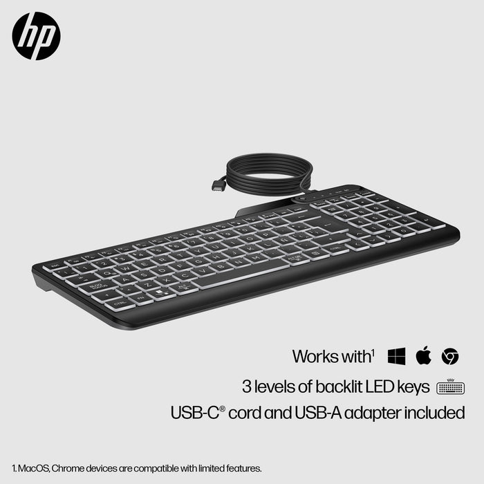 HP 405 Multi-Device Backlit Wired Keyboard, Full-size (100%), Wired, USB, Membrane, Black