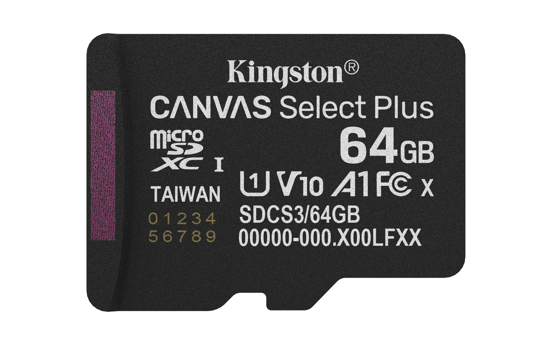 Kingston Technology 64GB micSDXC Canvas Select Plus Gen3 100R A1 Single Pack w/o ADP, 64 GB, MicroSDXC, Class 10, UHS-I, 100 MB/s, Class 1 (U1)