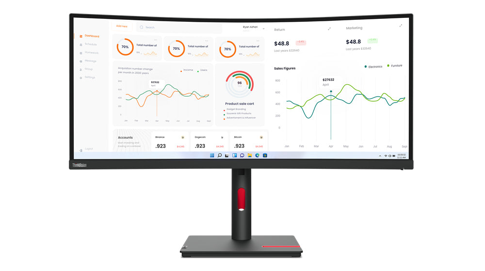 Lenovo ThinkVision T34w-30, 86.4 cm (34"), 3440 x 1440 pixels, Wide Quad HD, LED, 6 ms, Black