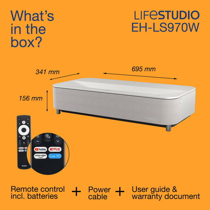 Epson Lifestudio Grand Plus EH-LS970W - Diamond White, 4000 ANSI lumens, 3LCD, UHD 4K (3840x2160), 2000:1, 16:9, 2032 - 3810 mm (80 - 150")