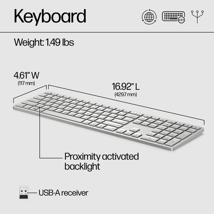 HP 970 Programmable Wireless Keyboard, Wireless, Bluetooth, Silver