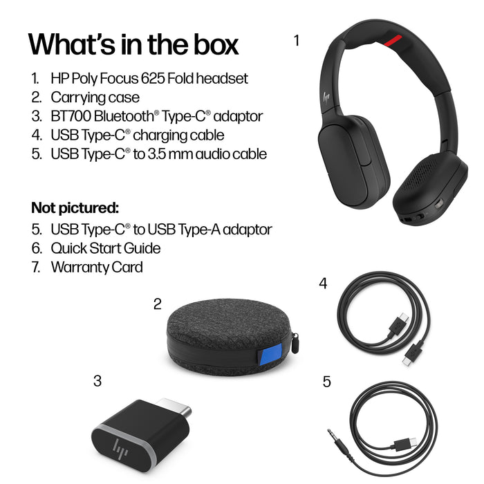 HP Poly Focus 625 Fold Stereo Bluetooth USB-C Headset, Wired & Wireless, Business/Everyday, 208 g, Headset, Black