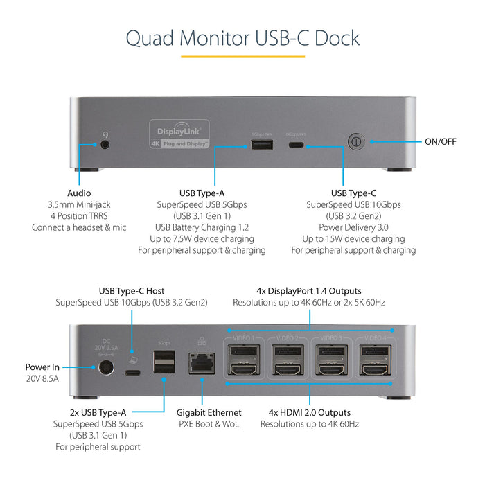 StarTech USB-C Quad Monitor Docking Station for MacBook Pro / Air M1 M2 M3 M4 & Windows, Universal 4K 60Hz HDMI DP Dock, Thunderbolt Compatible, 100W Laptop Charging