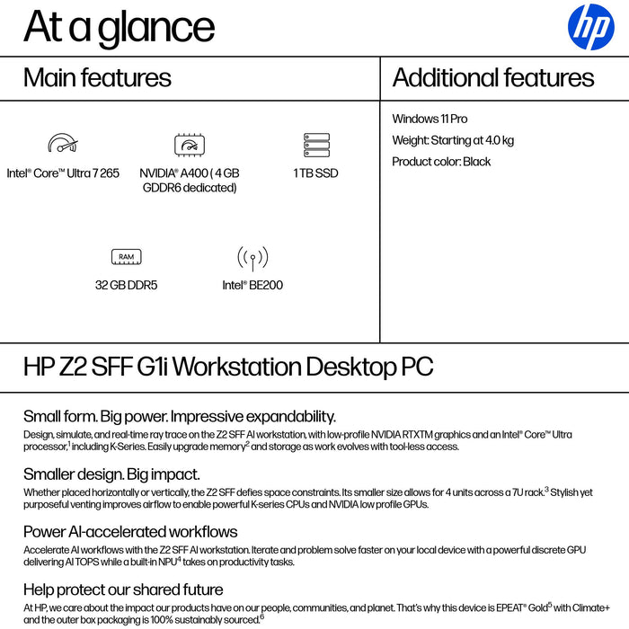 HP Z2 G1i, Intel Core Ultra 7, 265, 32 GB, DDR5-SDRAM, Windows 11 Pro
