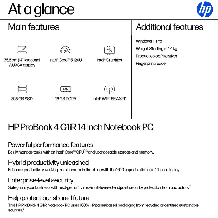 HP ProBook 4 G1iR, Intel Core 5, 35.6 cm (14"), 1920 x 1200 pixels, 16 GB, 256 GB, Windows 11 Pro