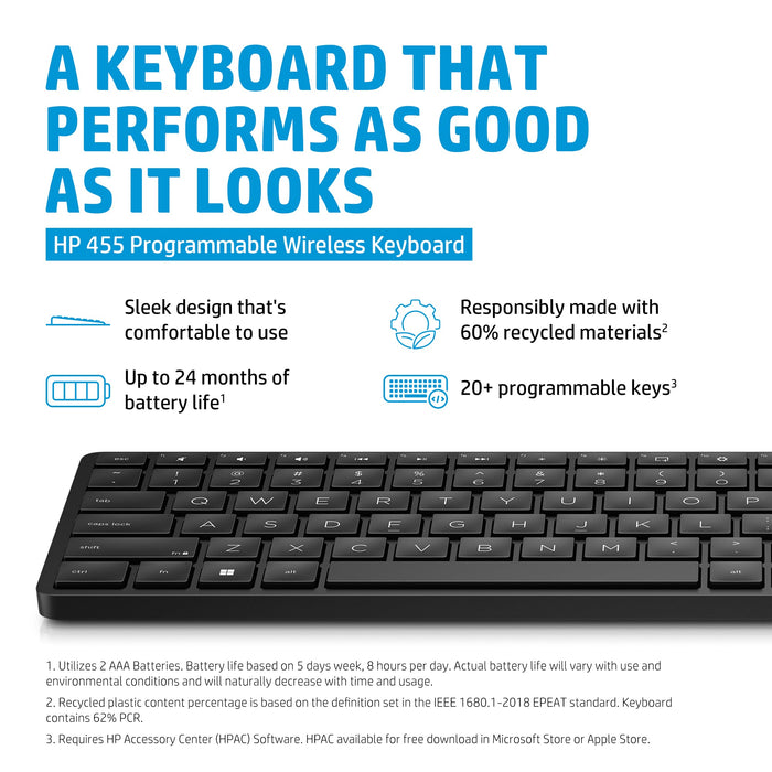 HP 455 Programmable Wireless Keyboard, Full-size (100%), Wireless, RF Wireless, Membrane, Black