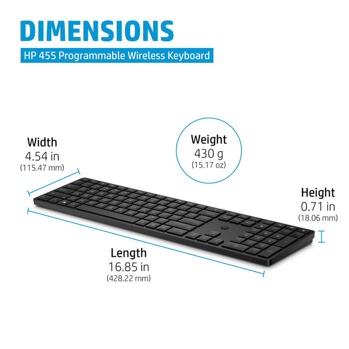 HP 455 Programmable Wireless Keyboard, Full-size (100%), Wireless, RF Wireless, Membrane, Black