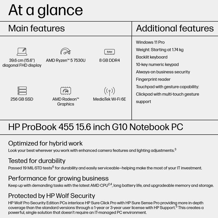 HP ProBook 455 G10, AMD Ryzen™ 5, 39.6 cm (15.6"), 1920 x 1080 pixels, 8 GB, 256 GB, Windows 11 Pro