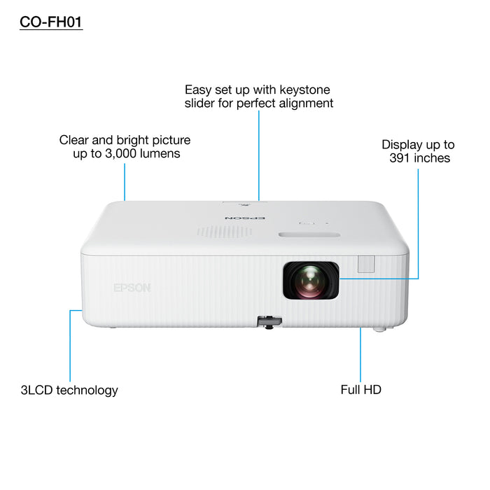 Epson CO-FH01, 3000 ANSI lumens, 3LCD, 1080p (1920x1080), 16:9, 660.4 - 9931.4 mm (26 - 391"), 0.9 - 10.4 m