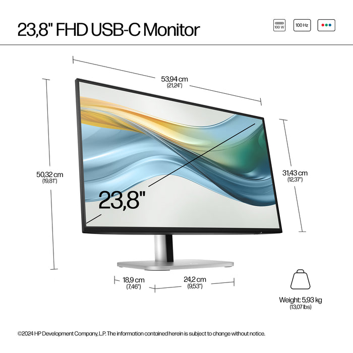 HP Series 5 Pro 23.8 inch FHD USB-C Monitor - 524pu, 60.5 cm (23.8"), 1920 x 1080 pixels, Full HD, LCD, 5 ms, Black