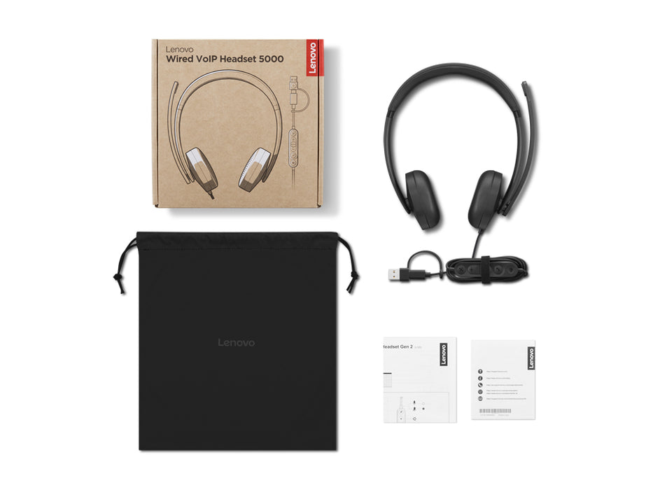 Lenovo VoIP Headset 5000, Wired, Office/Call center, 20 - 20000 Hz, 144 g, Headset, Black