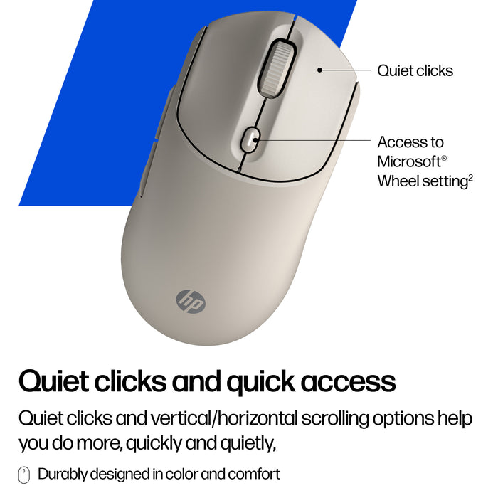 HP 400 Quiet Wireless Mouse, Ambidextrous, RF Wireless + Bluetooth, 6000 DPI, Beige