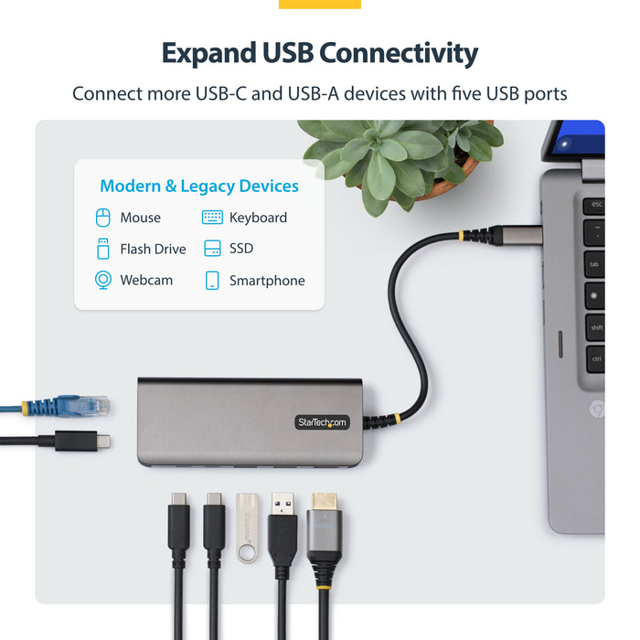 StarTech.com USB-C to HDMI Multiport Adapter with 140W PD Charging, 4K 60Hz, 5-Port USB 5Gbps Hub, GbE, Type-C Mini Dock for MacBook / Dell / Thinkpad / HP, Wired, USB 3.2 Gen 1 (3.1 Gen 1) Type-C, 140 W, 10,100,1000 Mbit/s, Grey, 5 Gbit/s