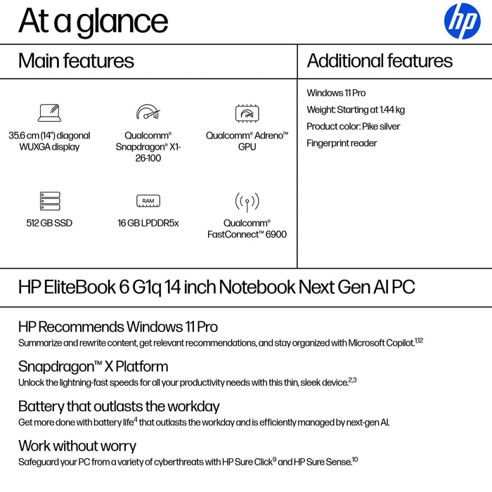 HP EliteBook 6 G1q Next Gen AI PC, Qualcomm Snapdragon, 35.6 cm (14"), 1920 x 1200 pixels, 16 GB, 512 GB, Windows 11 Pro