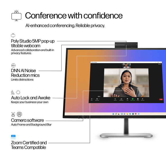 HP Series 5 Pro 27 inch QHD USB-C Conferencing Monitor - 527pm, 68.6 cm (27"), 2560 x 1440 pixels, Quad HD, LCD, 5 ms, Black