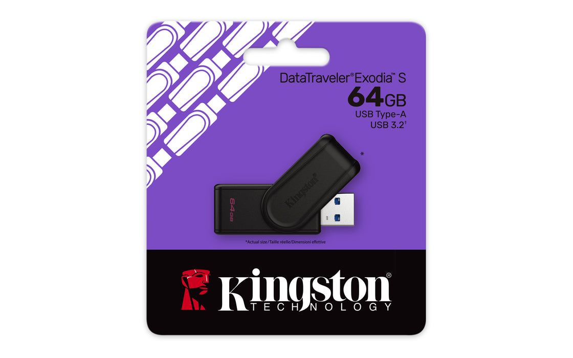 Kingston Technology DataTraveler 64GB Portable USB 3.2 Gen 1 Exodia S (Black/Black), 64 GB, USB Type-A, 3.2 Gen 1 (3.1 Gen 1), Swivel, 8.32 g, Black
