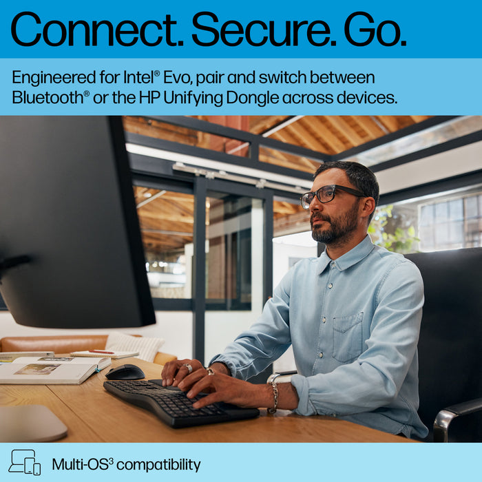 HP 680 Comfort Dual-Mode Keyboard, Full-size (100%), Wireless, RF Wireless + Bluetooth, Plunger key switch, Black