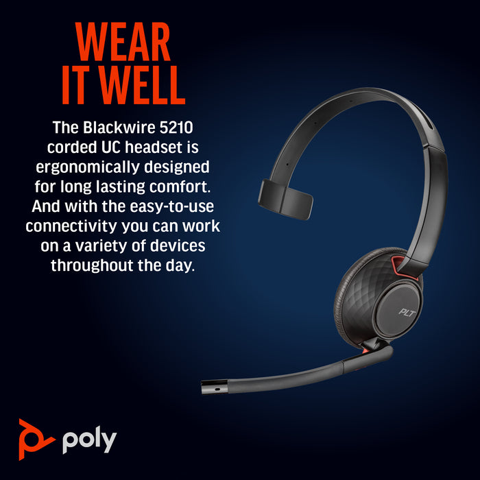HP Poly Blackwire 5210 Monaural USB-C Headset +3.5mm Plug +USB-C/A Adapter, Wired, Office/Call center, 125.4 g, Headset, Black