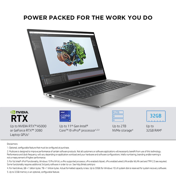 HP ZBook Studio 15.6 G8, Intel® Core™ i7, 39.6 cm (15.6"), 3840 x 2160 pixels, 32 GB, 1 TB, Windows 10 Pro