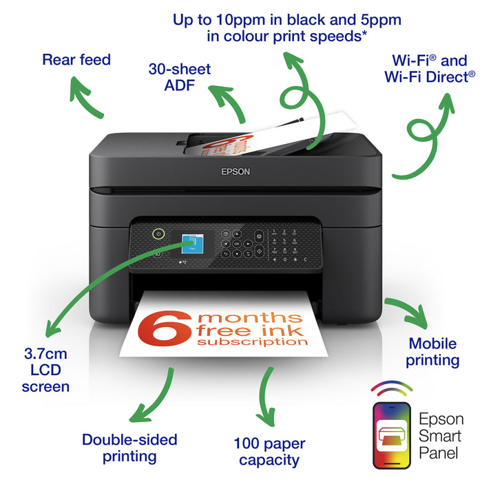 Epson WorkForce WF-2930DWF, Inkjet, Colour printing, 5760 x 1440 DPI, A4, Direct printing, Black