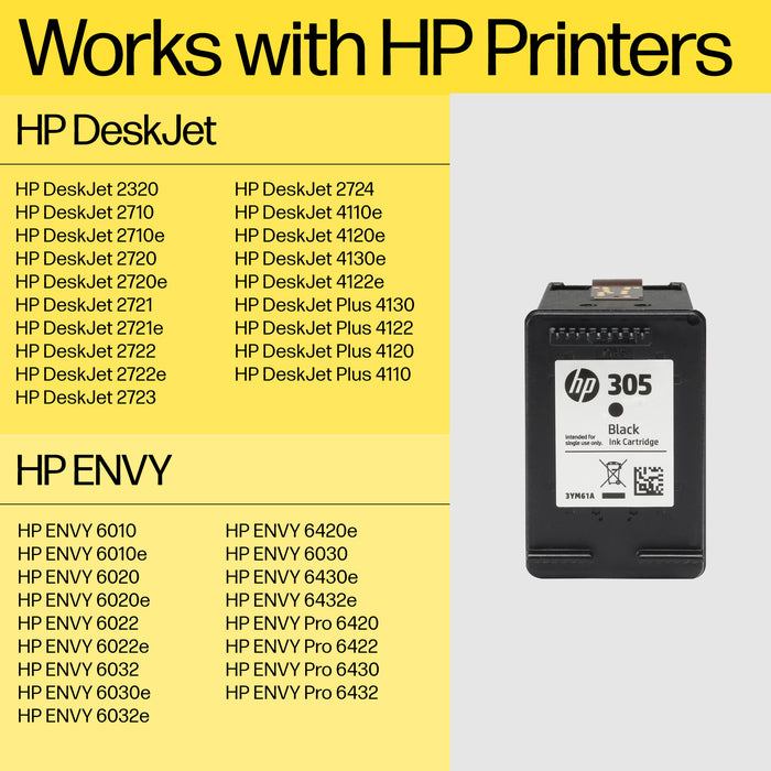 HP 305 2-Pack Tri-color/Black Original Ink Cartridge, Standard Yield, Black, Cyan, Magenta, Yellow, Dye-based ink, Pigment-based ink, 2 pc(s), 120 pages